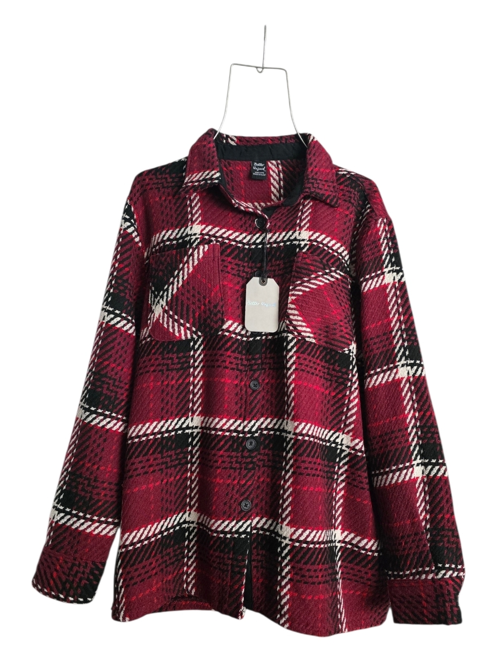 Better Unsaid Plaid Unisex Shacket Jacket - Red‎ & Burgundy Plaid Size Medium